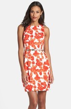 Eliza J Belted Print Sheath Dress SZ 6 Ivory Orange