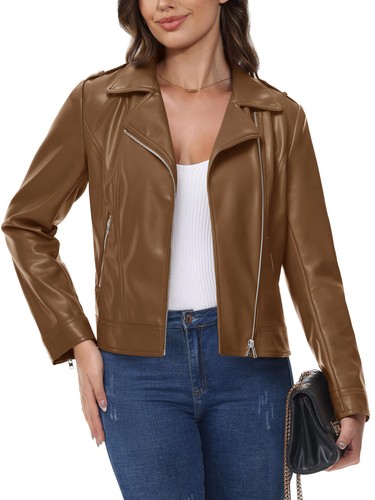 Chaqueta de cuero para mujer Chaqueta con cremallera Ligera Imitación Cuero Informal Solapa Chaqueta - Imagen 19 de 47