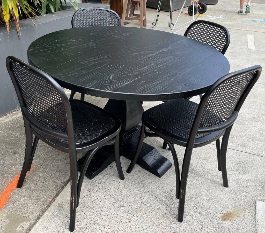 MULAN BLACK RECYCLED ELM ROUND PEDESTAL DINING TABLE HAMPTONS 120CM  CHAIRS