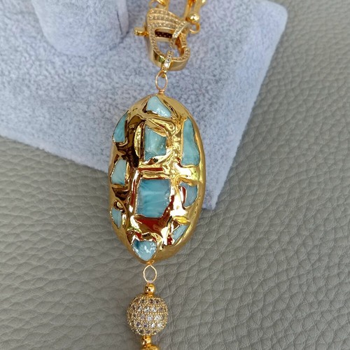 Gold Plated Chain Blue Larimar Freshwater White Keshi Pearl Pendant Necklace - Picture 7 of 8