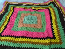 Handmade crocheted center square 60" Afghan blanket throw pink green brown READ