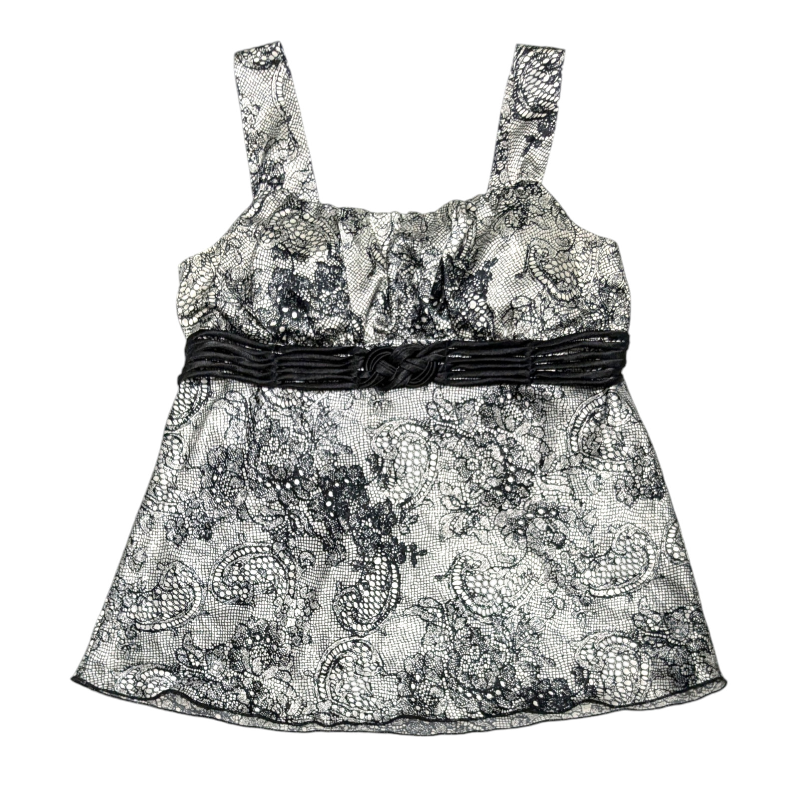 Vintage Y2K Empire Waist Babydoll Top Size L Satin Lace Print Whimsy Goth Grunge