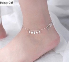 DAINTY Women 925 Sterling Silver Dangle Moon and Star Anklet Foot Bracelet 8-9"