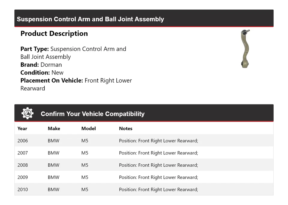 Conjunto de rótula de brazo de control Dorman para BMW M5 2006-2010 2007 2008 2009 Foto 2 de 4