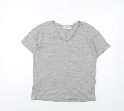 Mango Damen T-Shirt grau Baumwollmischung Größe M V-Ausschnitt
