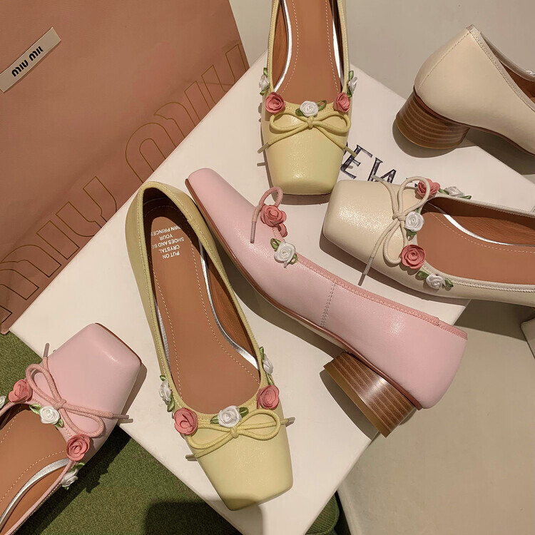 Womens Chic Leather Square Toe Flower Bowtie Ballerina Low