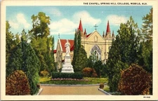 Chapel Spring Hill College Mobile Alabama AL Statue Cross Greenery Postcard UNP