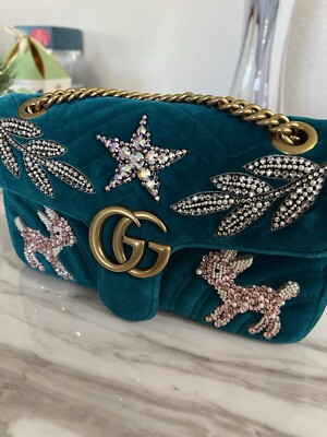 Gucci Marmont Teal Velvet Embellished Shoulder Bag Deer Limited