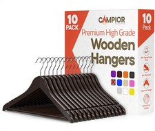 Brown Wooden Hangers 10 Pack Heavy-Duty with 360 Swivel Hook, Non-Slip, Pa...