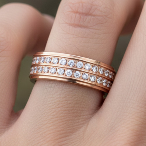 Modern 6mm Rose Gold Titanium Eternity Band Brilliant double White CZ Design Rin