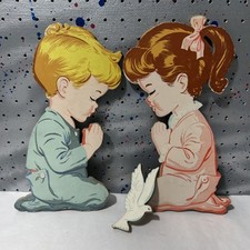 VTG Praying Children Wall Hanging Decor Nursery Kids Room Angel MCM 1950 s READ