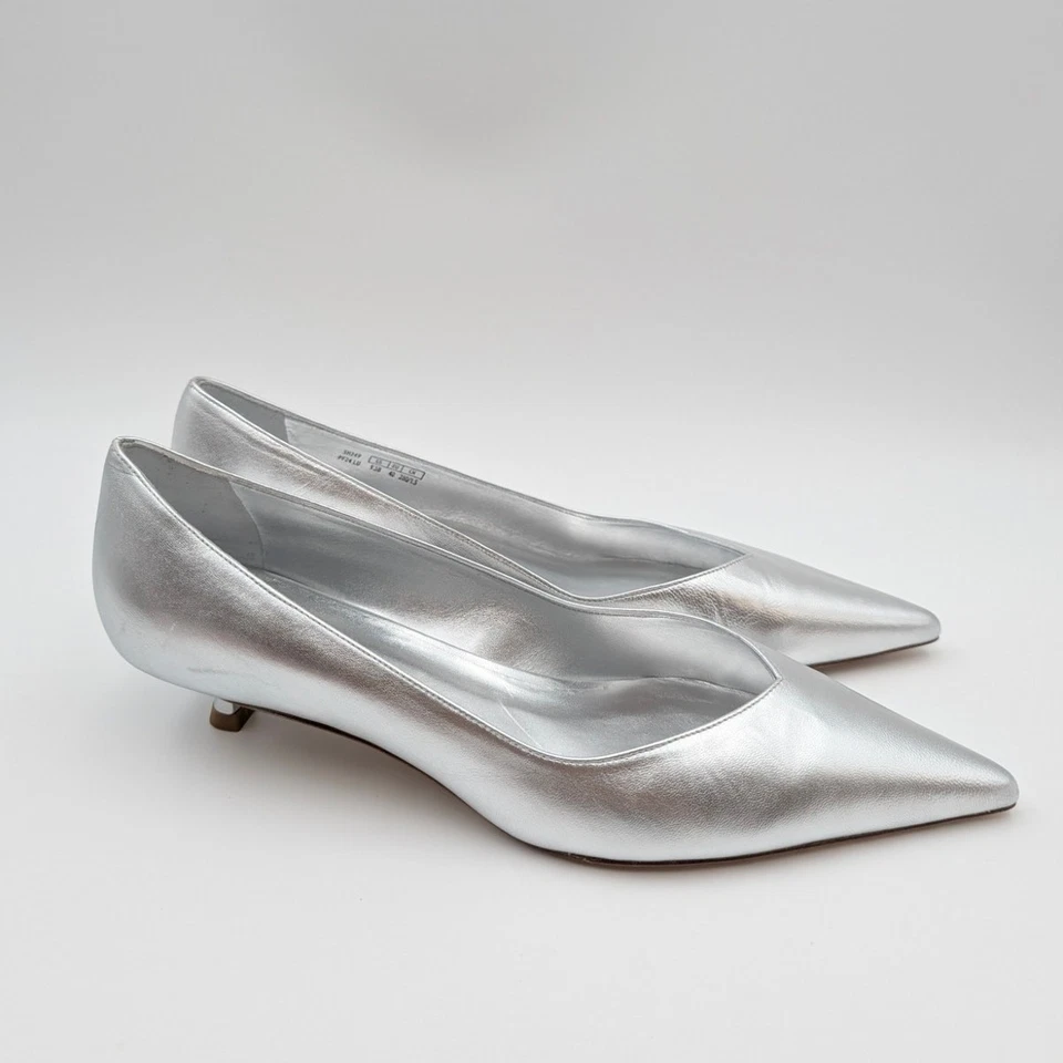 Stuart Weitzman Stuart Metallic Leather Kitten Heel Pumps Silver Size US9.5B  - Image 3 of 4