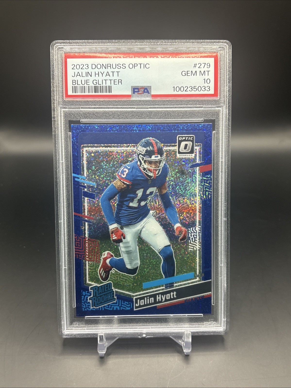 Jalin Hyatt #279 Rated RC Blue Glitter Prizm GM MINT 10 PSA 2023 Donruss Optic