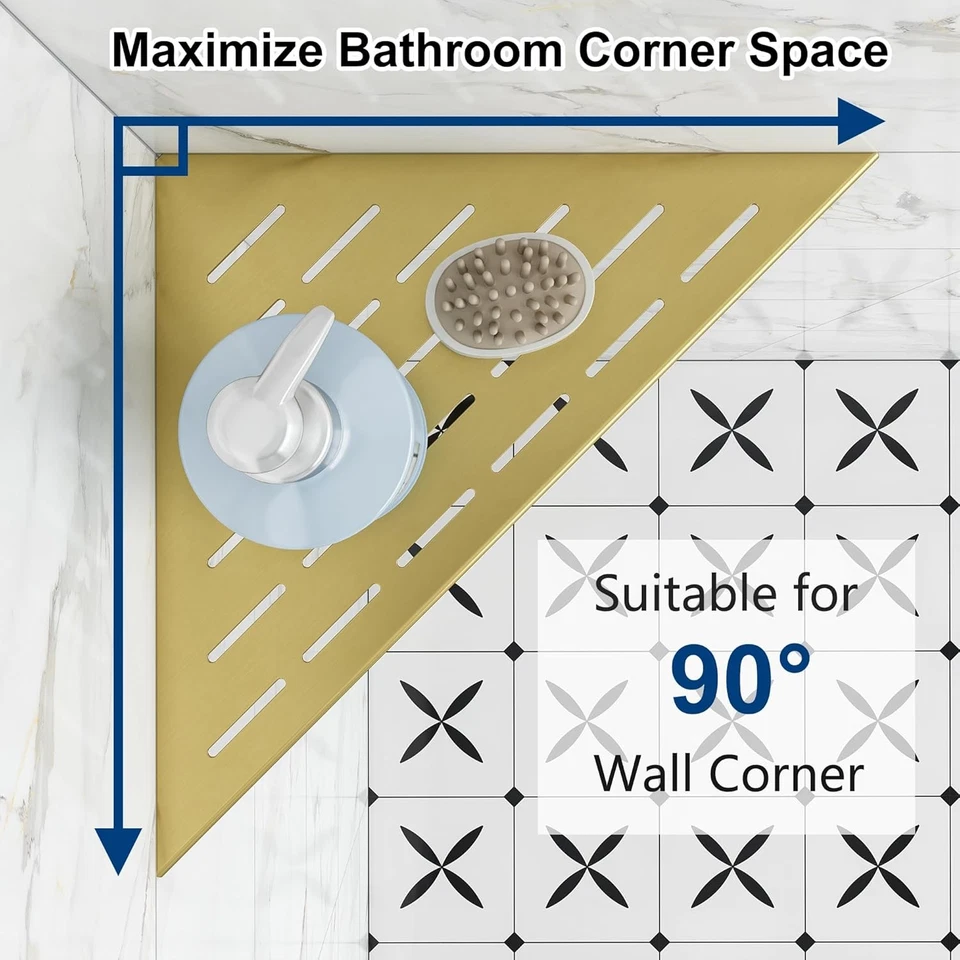 Estantes de ducha esquineros, 12” azulejo empotrado paquete de 12-2, dorado cepillado  Foto 2 de 4