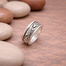 925 Sterling Silver Spinner Ring Floral Design Wide Meditation Band