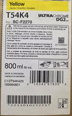 Genuine Epson T54K4 Yellow DTG DTF Ink for the SC-F2270 800ml Expire:02/11/2027