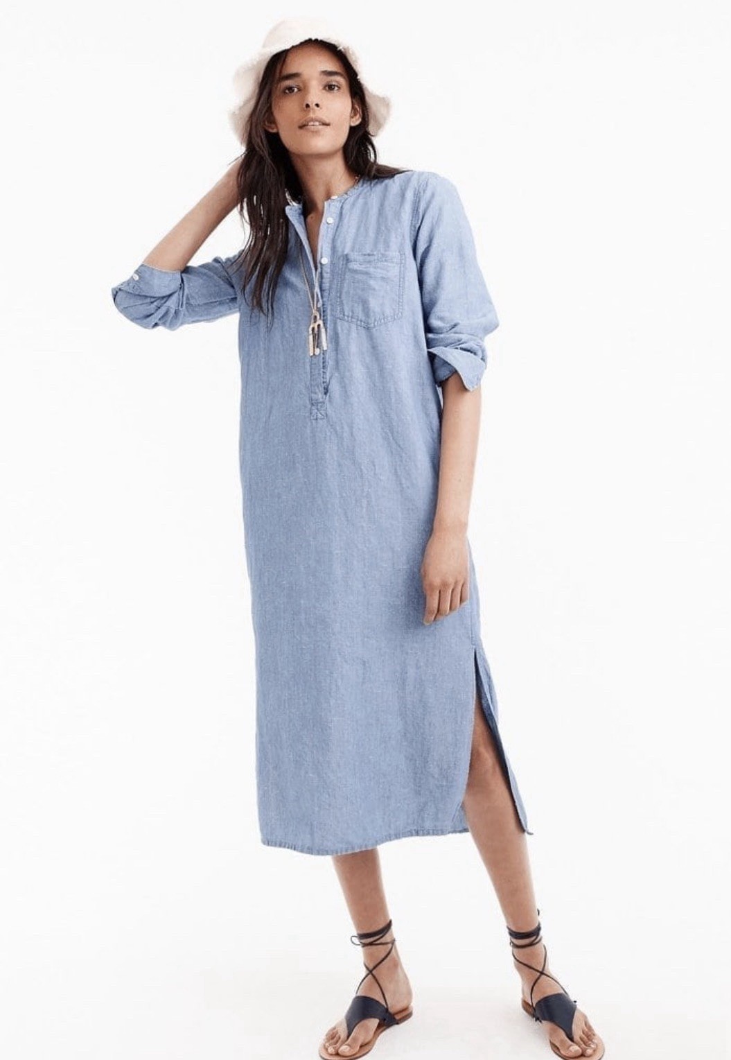J.CREW Chambray Denim Popover Dress Size SP Pockets 100% Cot