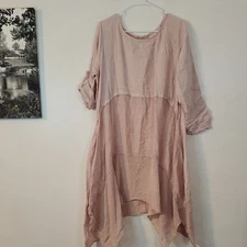 Womens Pink Asymmetrical Linen Cotton Longsleeve Tunic Dress Tiered Whimsical
