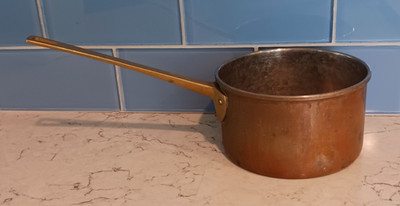 VTG Copper Saucepan 5' Sauce Pot Brass Handle Tin Lined Rustic Kitchen Decor