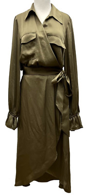 Ramy Brook Laney Satin Midi Wrap Shirt Satin Dress Womens 10 NWT New
