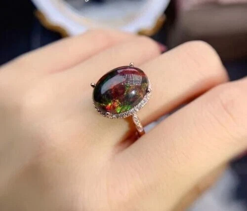 Natural Black Ethiopian Opal Ring 925 Sterling Silver Black Opal