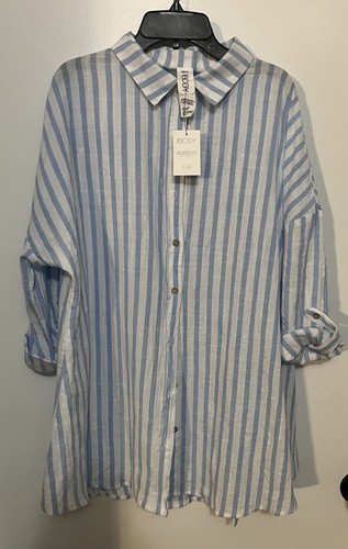 Cotton on Body Women's Cotton Striped Swing Beach Shirt Cover-up, Blue, XS - Picture 2 of 6