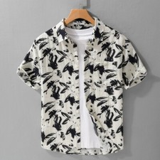 Summer Men's Fashion Linen Print Short Sleeved Shirt Thin Casual Loose New Shirt