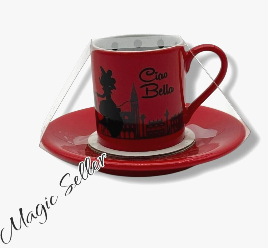 Taza y platillo espresso Minnie Ciao Bella Vespa de los parques Disney Epcot Italia - NUEVO