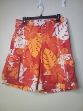 Lands' End Swim Trunks Boys L 14H 16H Cargo Pockets Floral Red Orange