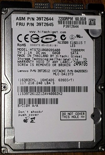 Festplatte HDD Hitachi 60GB 2,5" Zoll 7200rpm SATA 100% geprüft HTS721060G9SA00