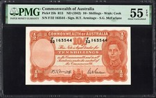 Australia 10 Shillings P25b R13 1942 Armitage McFarlane PMG55 aUNC EPQ Banknote