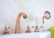 Antique Red Copper Bathtub Faucet Deck Mount 5 Hole Roman Tub Faucet Hand Shower