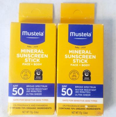 Mustela Baby Mineral Sunscreen Stick SPF 50 Broad Spectrum 0.6oz 2 PACK Exp 2/26