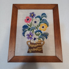 Vintage Handmade Framed Needlepoint Flower Multicolor Art