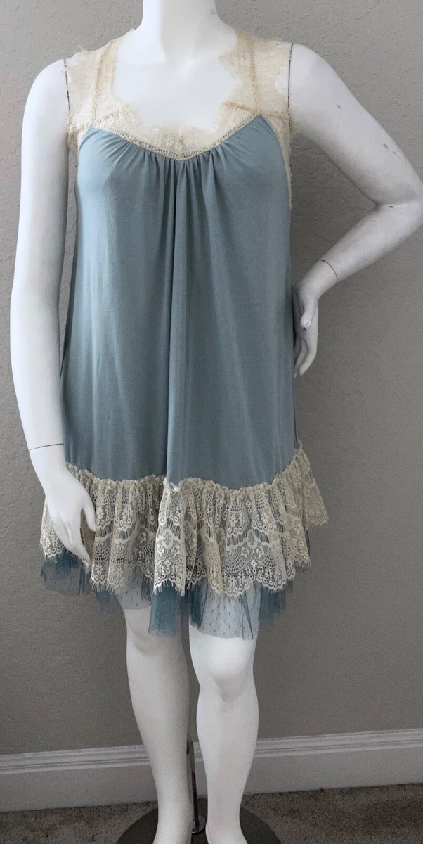 layered tunic dress Ryu Lace & Tulle Slip Blue Beige Plus XL 1XL tunic dress