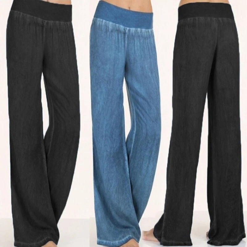 Jeans A Gamba Larga Da Donna Pantaloni Larghi In Denim Elasticità A Vita ☆ - Immagine 4 di 4