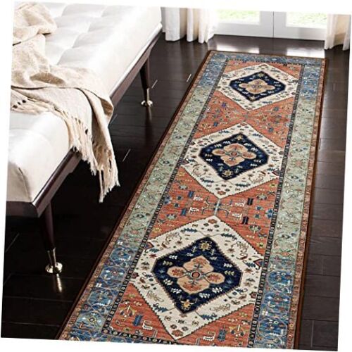 Oriental Washable Hallway Runner Rug, Vintage Tribal 2'x7' Rust/Navy Blue
