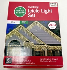 NEW Winter Wonder Lane Clear 200 Icicle Christmas Lights White Wire 19'