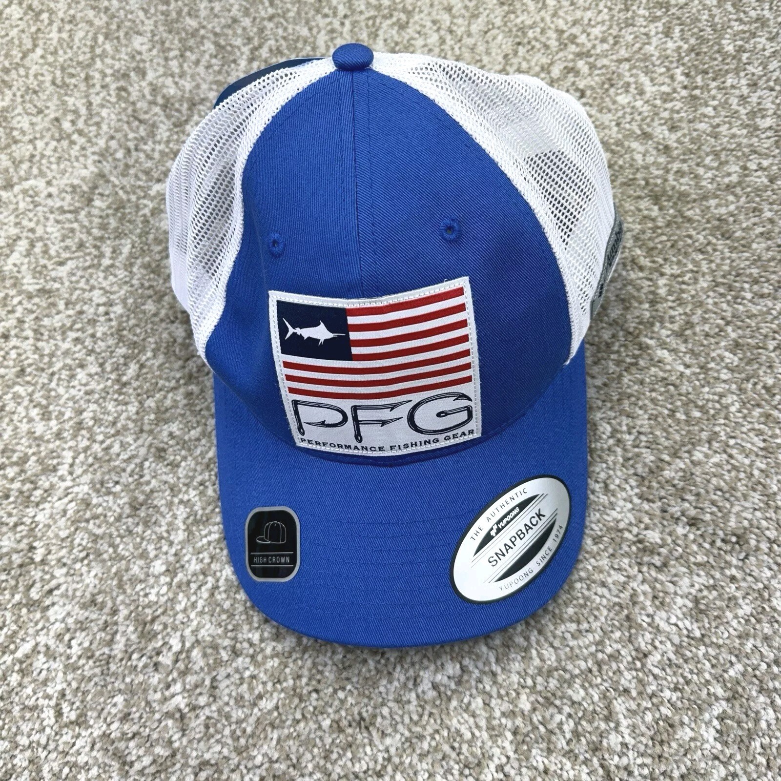 NEW Columbia PFG Trucker Hat Cap Patch Adult Snap Back Fish USA Flag Blue White