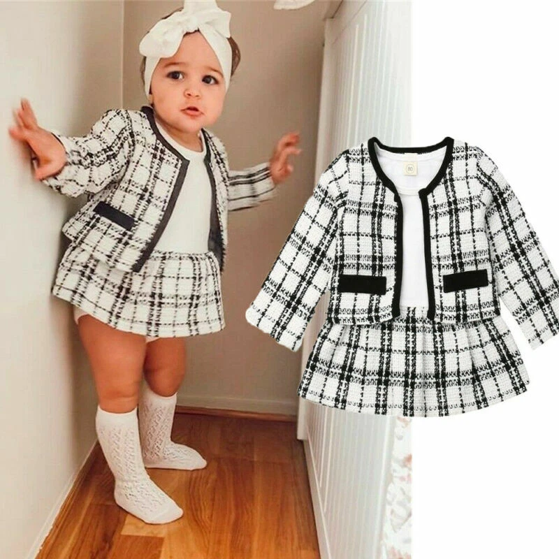 Toddler Baby Girls Winter Clothes Plaid Coat Tops+Tutu Dress Formal Outfits  Set