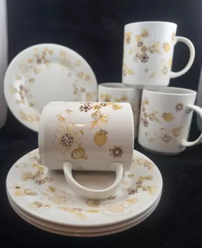 Royal Doulton Sundance TC 1087 Fine China Mug Brown Gold Tone Flowers Set of 4
