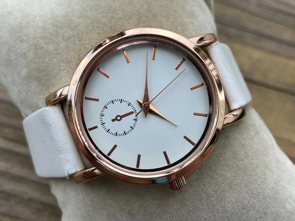 Women Watch White Stimulated Leather Band Analog Quartz Japan Movement Watch