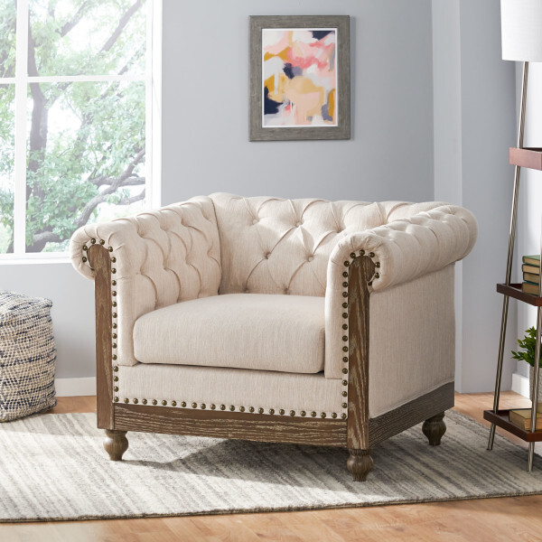 Batavia Chesterfield Tufted Fabric Club Chair with Nailhead Trim