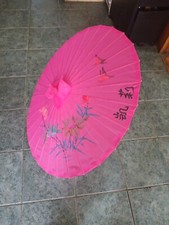 Hot Pink Oriental Cloth And Wood Parasol.22" Long Closed. 30" Round Fully Open
