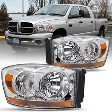 Pair Chrome Bezel Headlight For 2006-2008 Dodge Ram 1500 2500 3500 Assembly