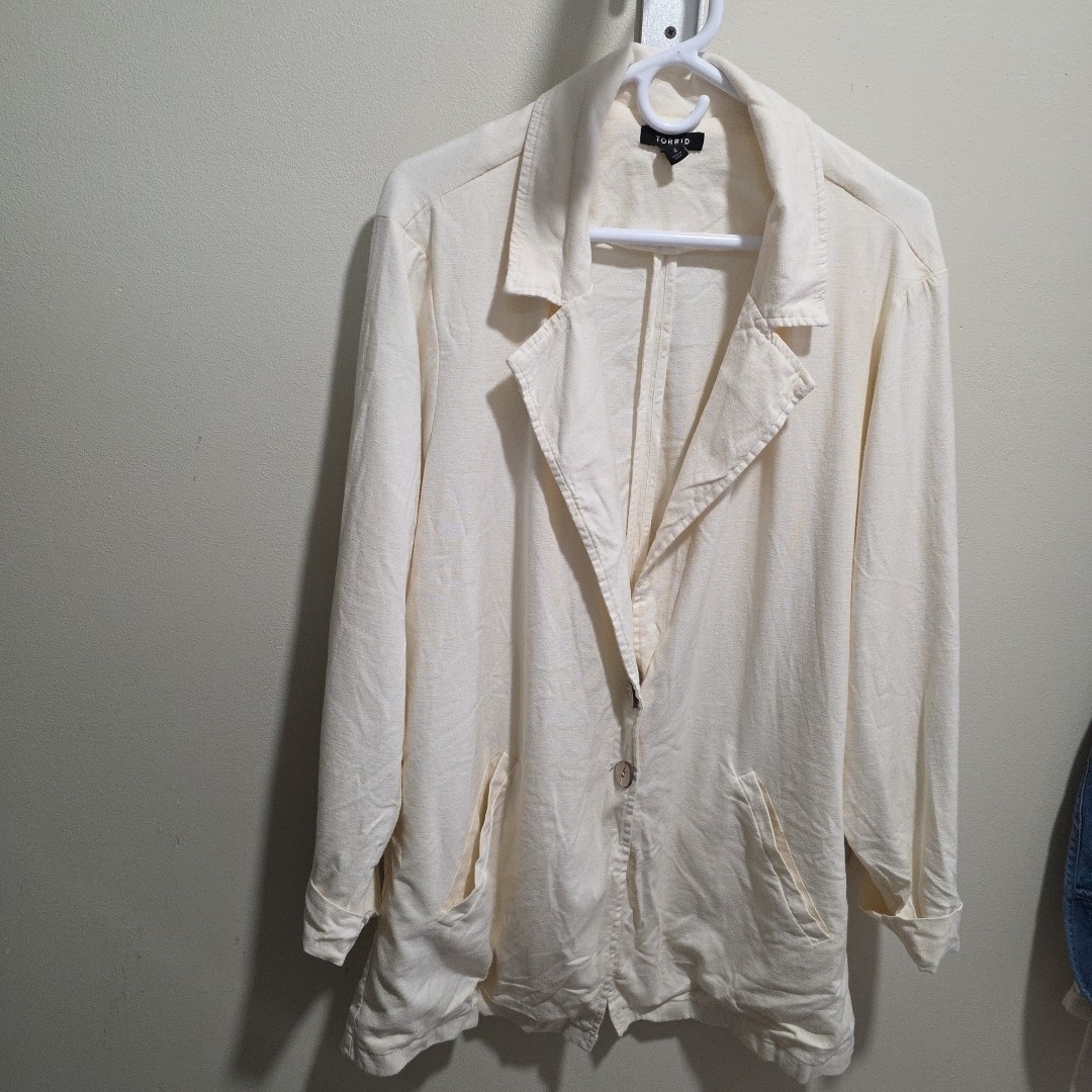 Torrid Womens Blazer Longline Linen Blend Button Front Jacket Cream Size 4X