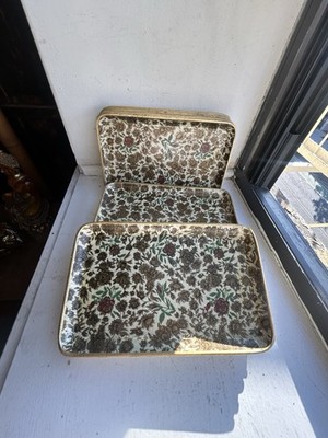 Vintage Set Of 19 Paper Mache Plates Gold Roses Alcohol Proof Japan 5  x 8 