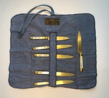 The Stieff Company 6 Dessert Knives Brass & Mother Of Pearl Handle W/ Felt Roll