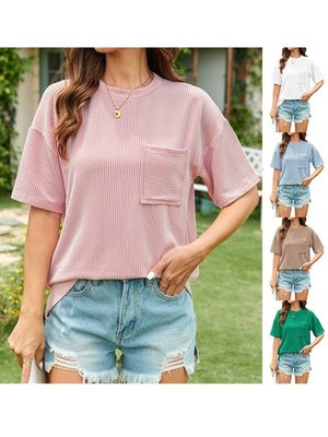 Lockeres kurzärmliges T-Shirt mit Tasche Oberteil für Damen einfarbig normale Passform