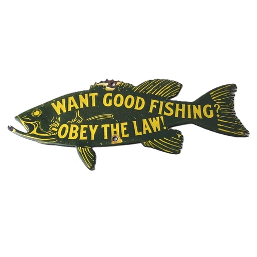 Vintage Fishing Obey Law Sign - Fish Wildlife Signage Porcelain Gas Pump Sign